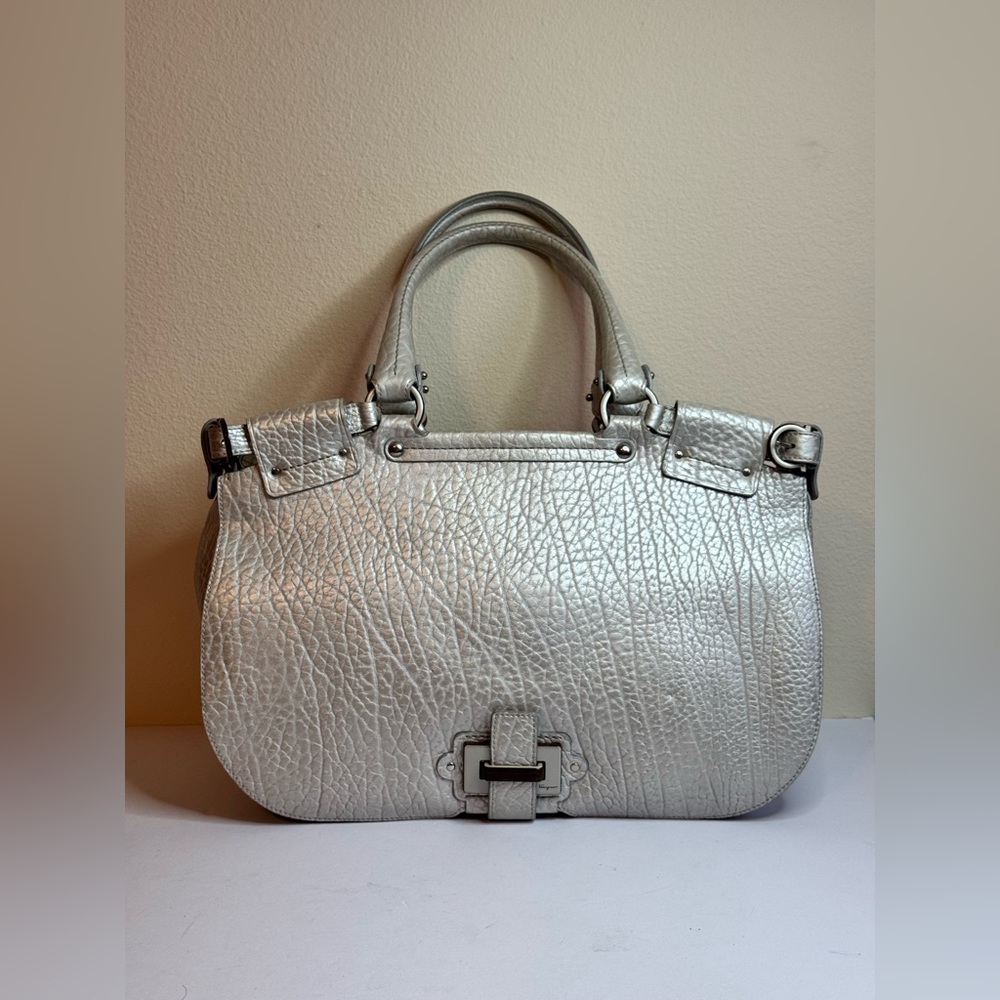 Salvatore Ferragamo Metallic Silver Pebbled Calfskin Leather Tote Hand Bag